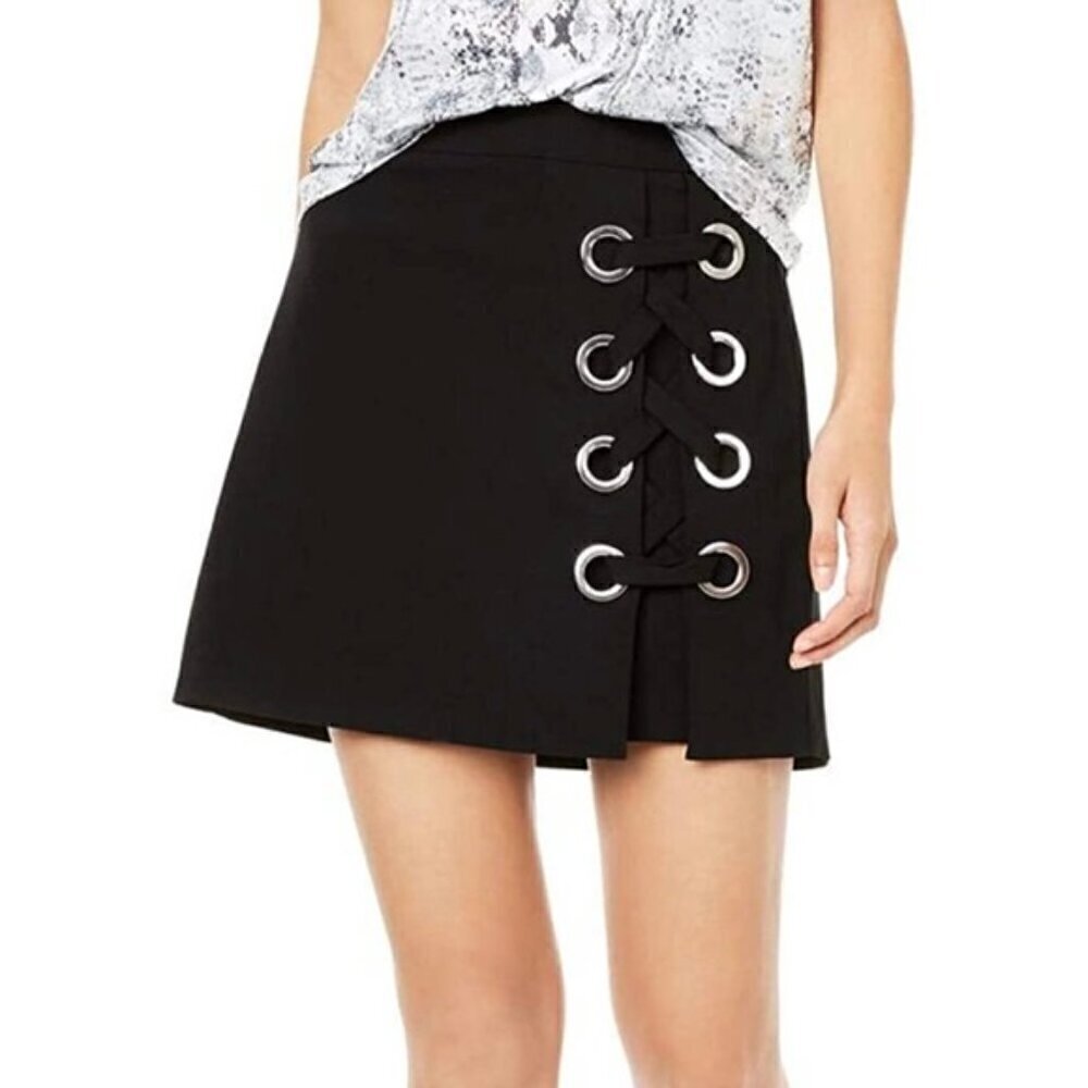 Bar III | Women's Black Grommet Tie A-Line Pull On Mini Skirt | Size S